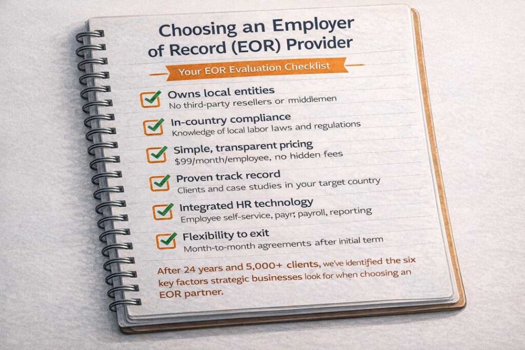 Employer of Record (EOR): 7 Powerful Ways to Hire Global Talent Fast | Husys 3 Checklist for choosing an Employer of Record (EOR) provider including compliance, pricing transparency, technology, and flexibility