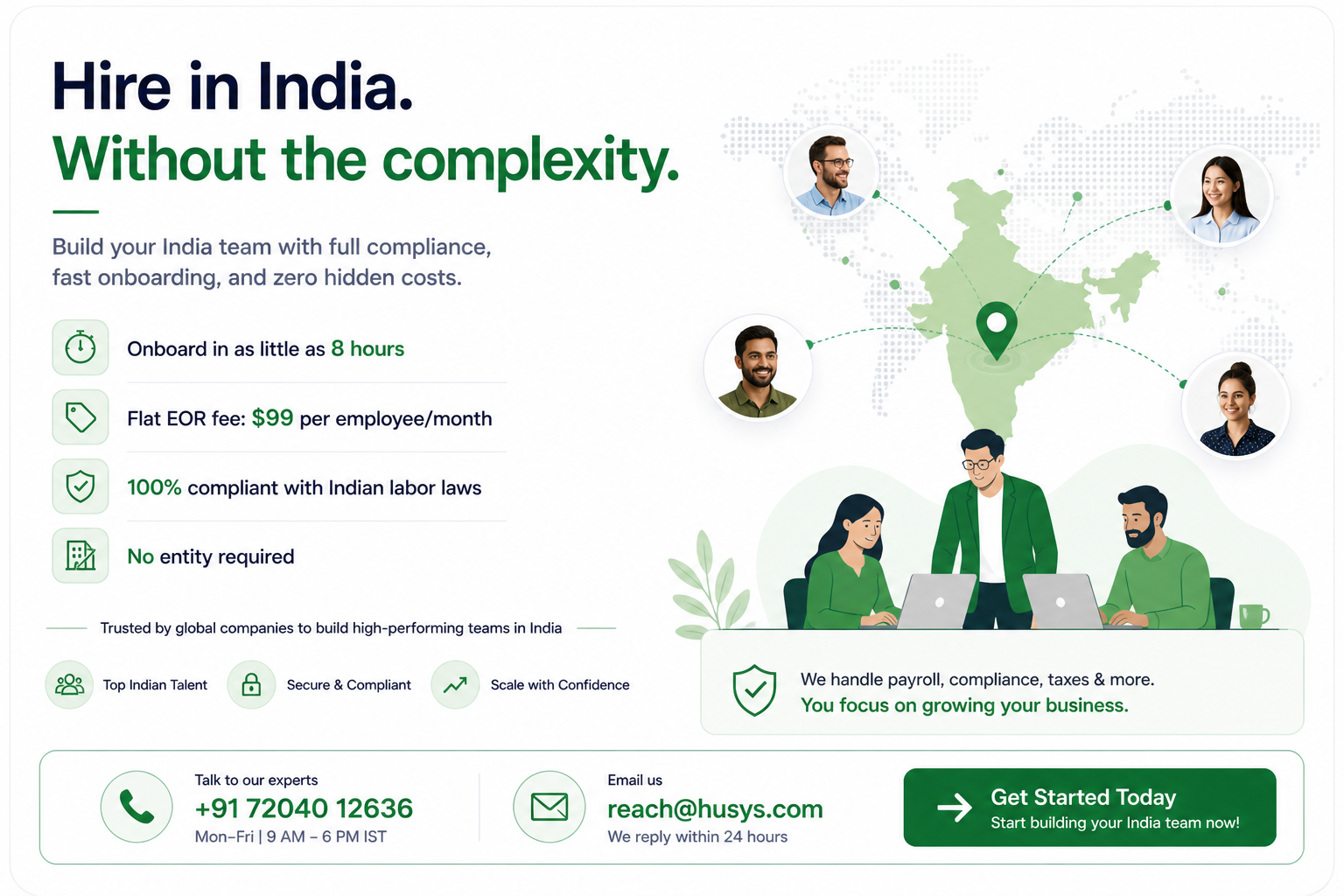 Call to action for hiring employees in India via EOR with benefits like fast onboarding, compliance, and transparent pricing